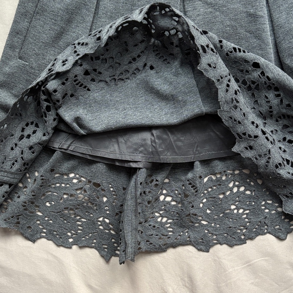 BCBGMAXAZRIA Heather Grey Laser-Cut Eyelet Hem Mini Skirt | Size 8 - Picture 4 of 7